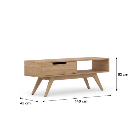 Szafka RTV z litego drewna 140 × 52 × 45 cm – szuflada i otwarta półka